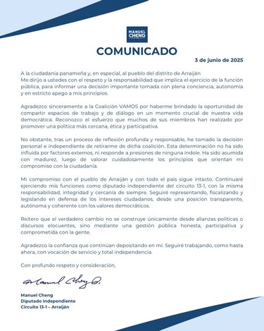 Segunda renuncia en bancada Vamos: Manuel Cheng abandona la coalición independiente