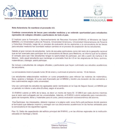 Ifarhu rectifica y mantiene en 4.0 la nota mínima para poder postularse a becas de medicina