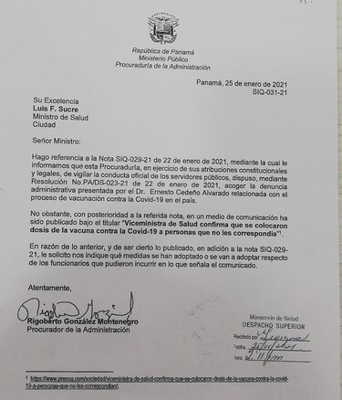 Procurador de la Administración pide informes al Minsa y la CSS sobre el proceso de vacunación