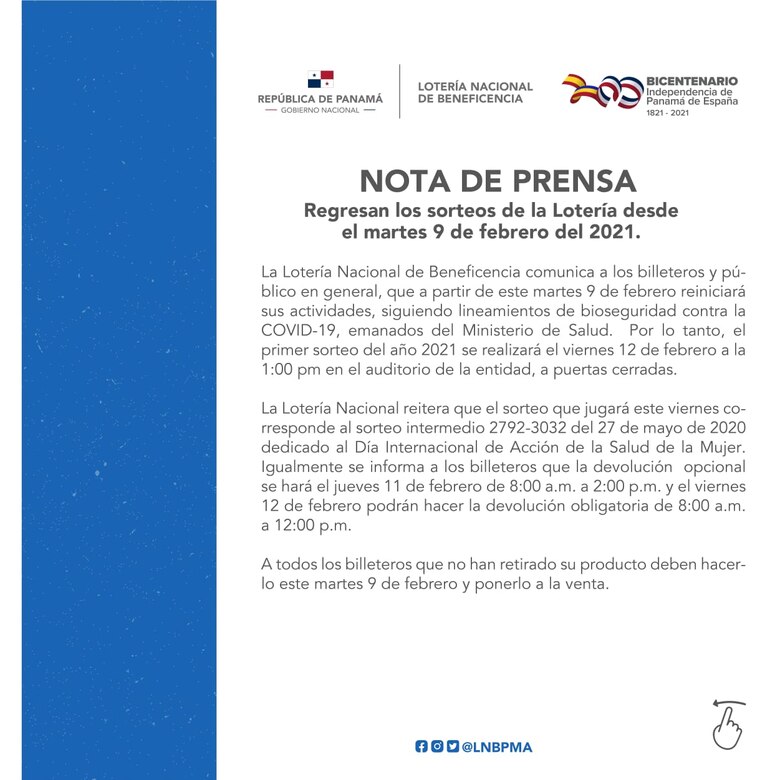 Desde el 9 de febrero la Lotería Nacional y el Hipódromo Presidente Remón podrán reanudar sus actividades
