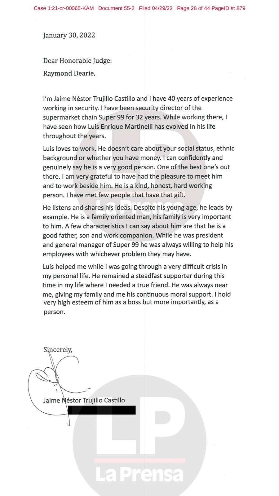 Nota de Jaime Trujillo al juez Raymond Dearie.