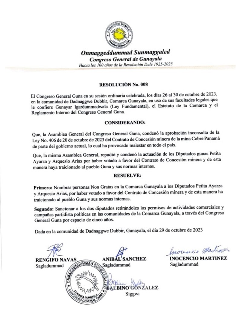 Los diputados del PRD Arquesio Arias y Petita Ayarza no podrán hacer política ni actividades comerciales en Guna Yala