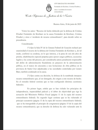 Corte Suprema deja en firme condena a prisión de expresidenta argentina Cristina Fernández