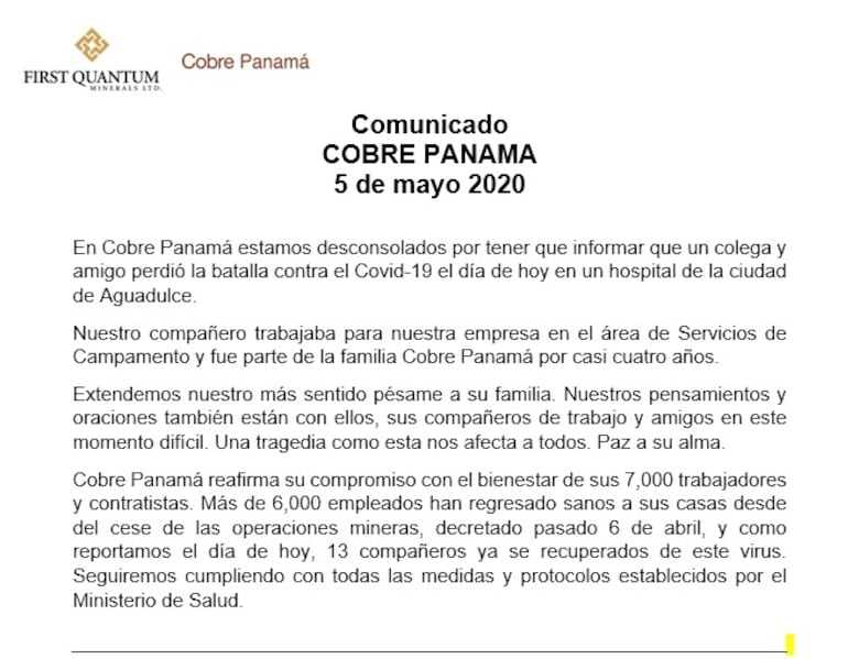 Minera Panamá informa sobre muerte de otro colaborador a causa de Covid-19
