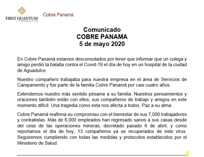 Minera Panamá informa sobre muerte de otro colaborador a causa de Covid-19