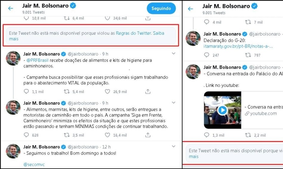 Twitter elimina dos tuits de Bolsonaro en los que cuestionaba aislamiento por el Covid-19