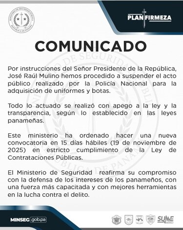 Mulino ordena suspender compra de uniformes y botas por más de $6.9 millones