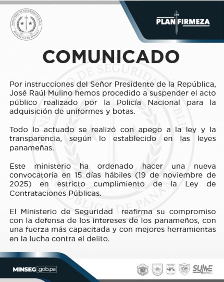 Mulino ordena suspender compra de uniformes y botas por más de $6.9 millones