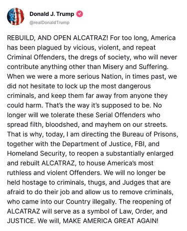 Trump ordena reabrir la cárcel de máxima seguridad de Alcatraz