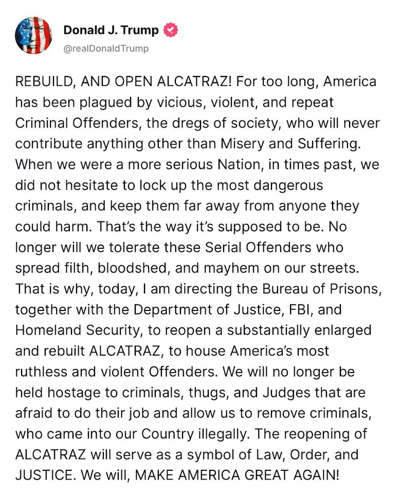 Trump ordena reabrir la cárcel de máxima seguridad de Alcatraz