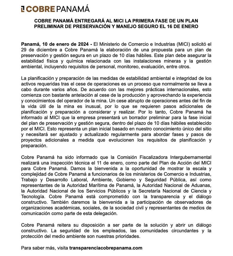 Minera Panamá presentará un borrador del plan de cierre de la mina de Donoso