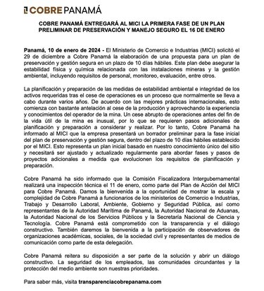 Minera Panamá presentará un borrador del plan de cierre de la mina de Donoso