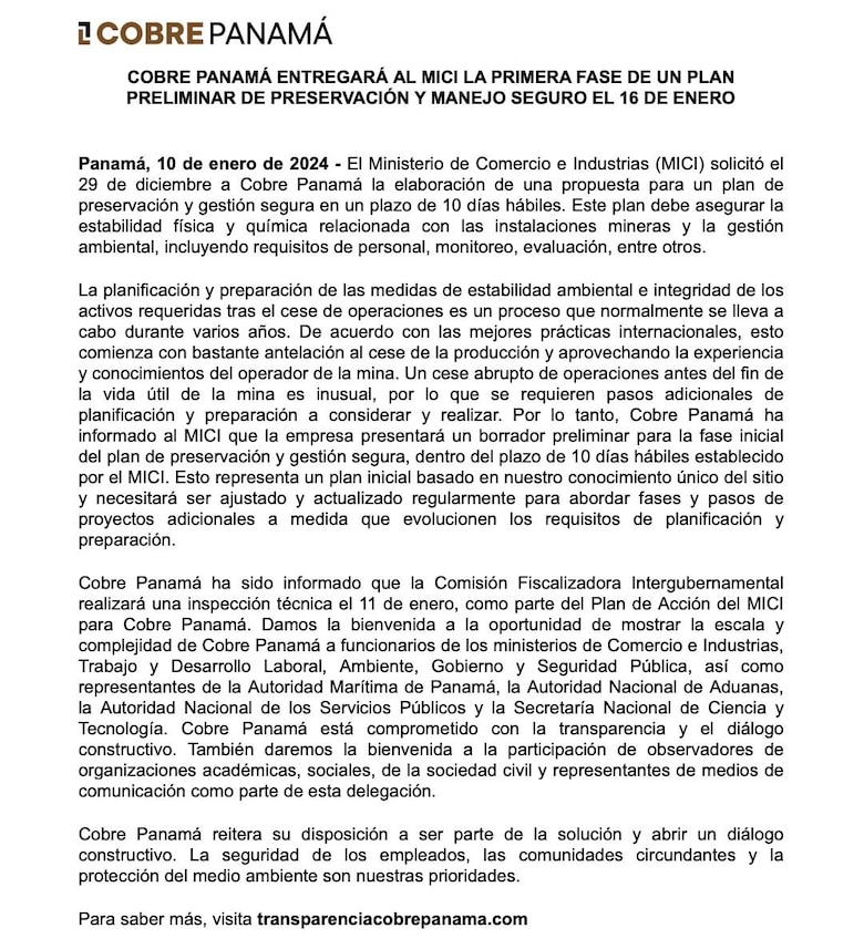 Minera Panamá presentará un borrador del plan de cierre de la mina de Donoso