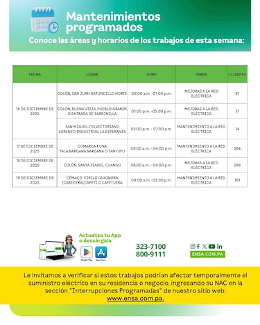 ENSA informa los Mantenimientos programados del 16 al 19 de diciembre de 2025