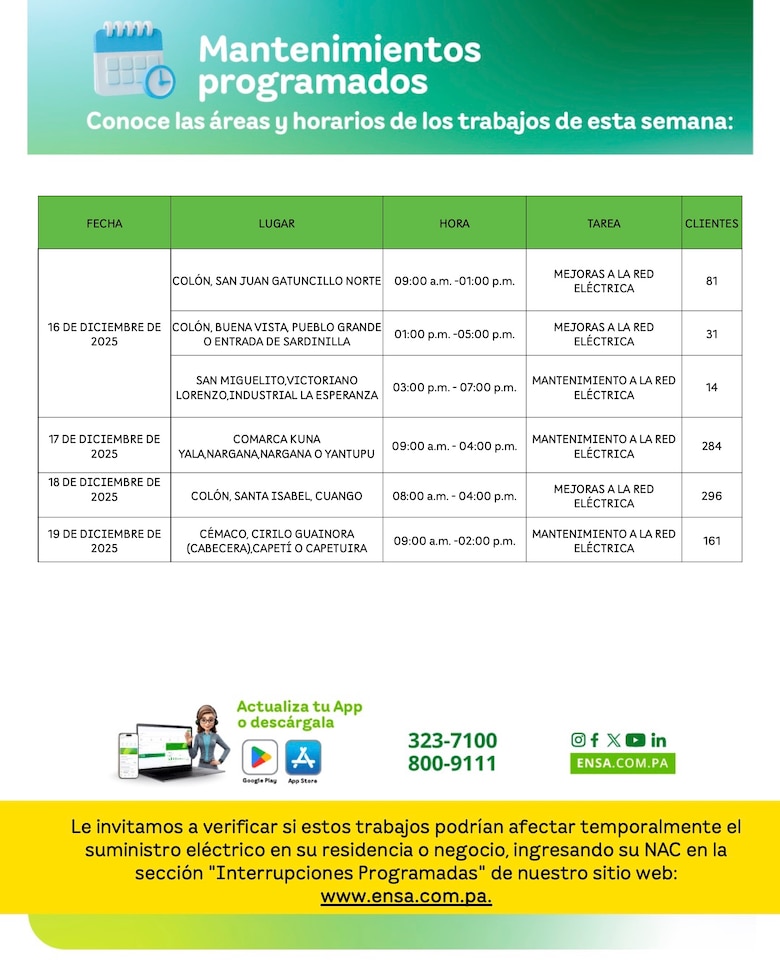 ENSA informa los Mantenimientos programados del 16 al 19 de diciembre de 2025