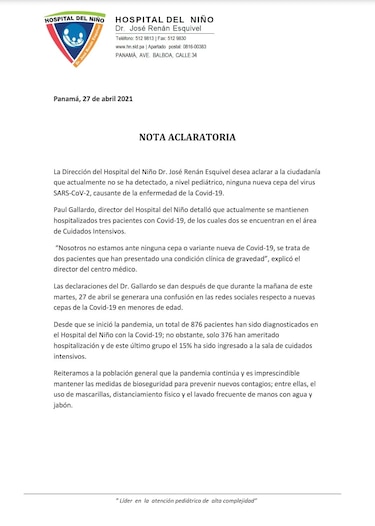 Hay 3 pacientes internados en el Hospital del Niño por Covid-19; hasta la fecha no se ha detectado ninguna nueva cepa del SARS-CoV-2 en ese centro médico