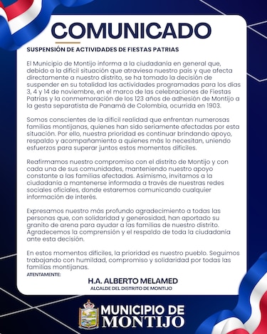 Suspenden festividades patrias en Las Tablas y Montijo