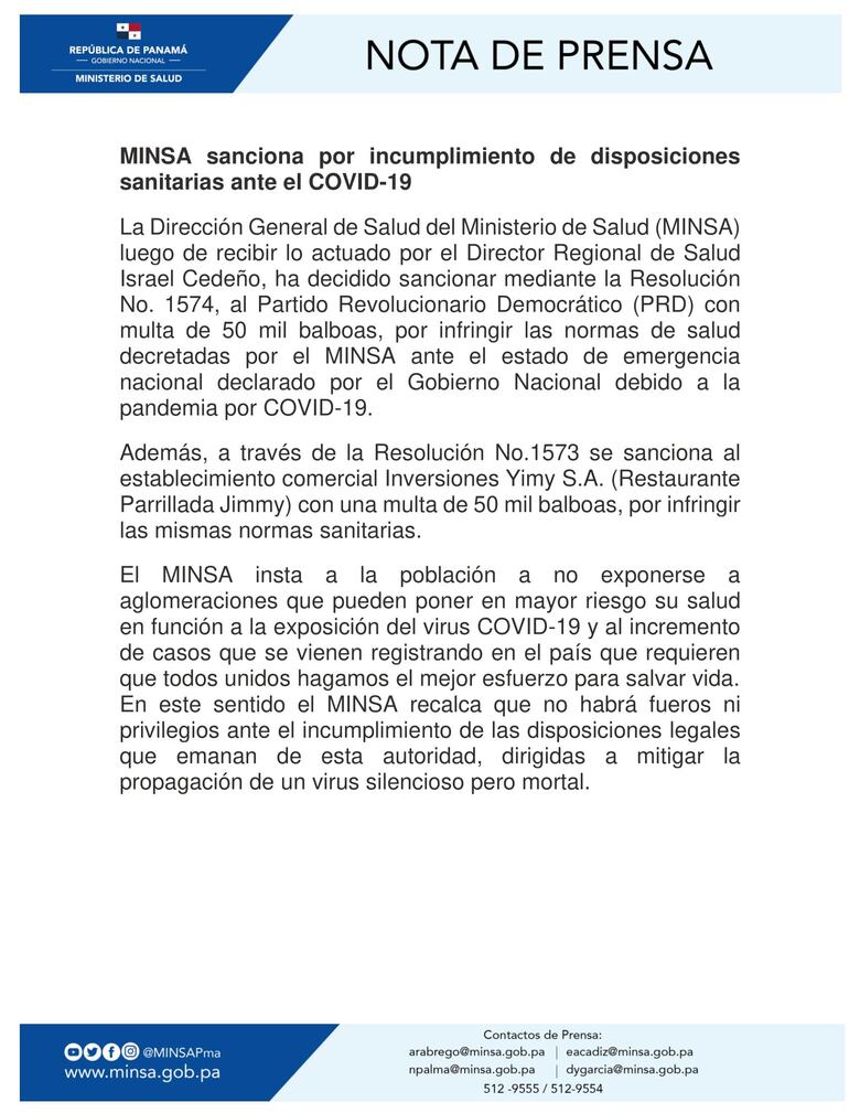 Minsa sanciona al PRD y al restaurante Jimmy’s con 50 mil dólares cada uno, por infringir normas sanitarias