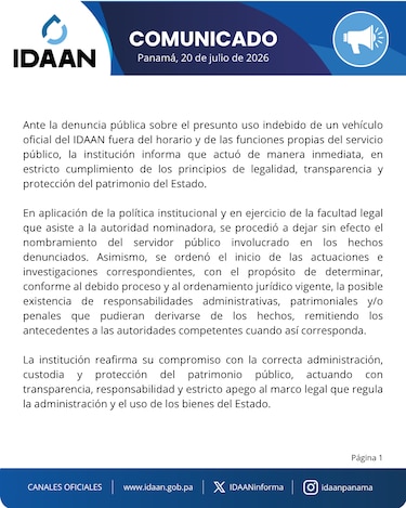 IDAAN destituye a funcionario por presunto uso indebido de vehículo oficial