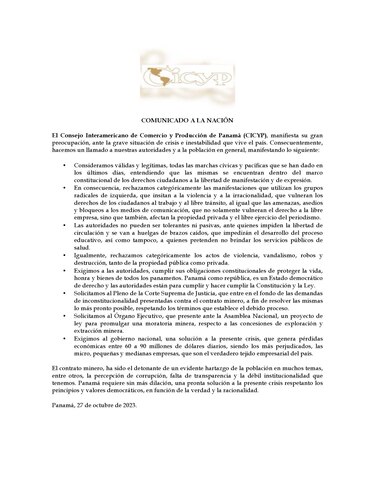 Consejo de Comercio y Producción pide solución a la crisis que vive el país y condena actos violentos durante protestas