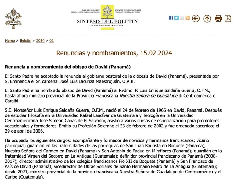 José Luis Lacunza renuncia como obispo de David y la Iglesia nombra a su reemplazo