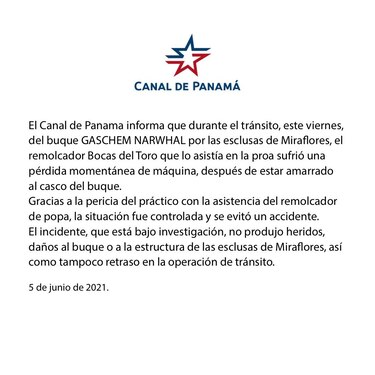 Reportan incidente con barco de Liberia en las esclusas de Miraflores