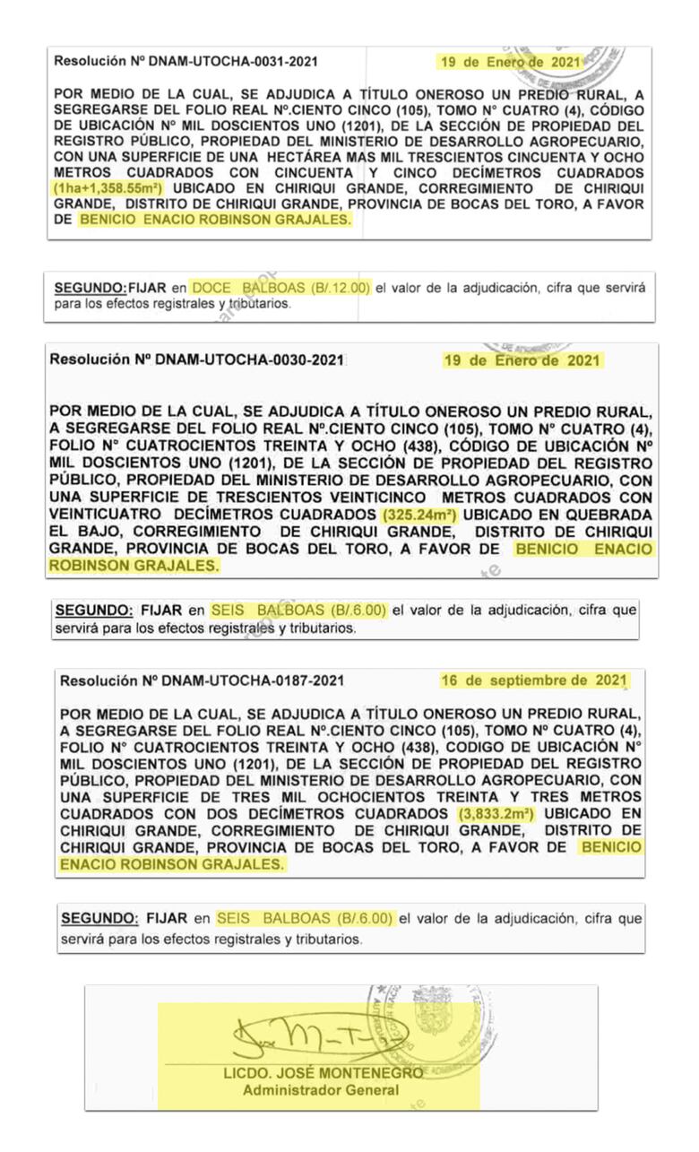 Benicio Robinson paga centavos por tierras de la nación y gestiona nuevas adjudicaciones en Bocas del Toro