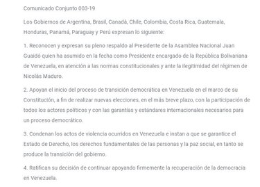 Panamá y el Grupo de Lima reconocen legitimidad de Guaidó