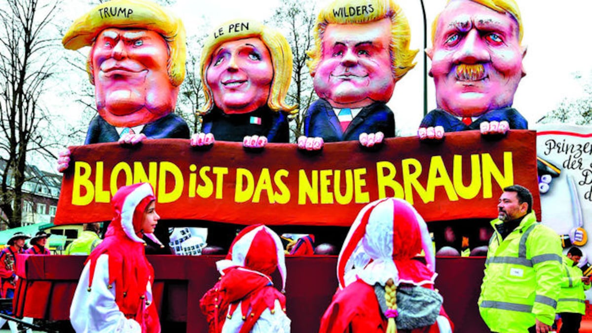 Parodia alemana sobre Donald Trump, presidente de EU; Marine Le Pen, candidata a la presidencia de Francia; Geert Wilders, diputado de los Países Bajos; y Adolfo Hitler.