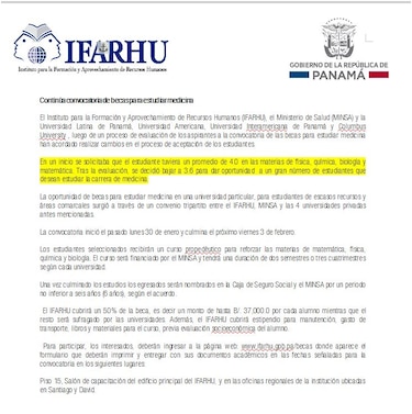 Ifarhu rectifica y mantiene en 4.0 la nota mínima para poder postularse a becas de medicina
