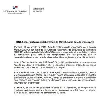 Minsa dice que está a la espera del informe de laboratorio sobre el producto Mero Macho