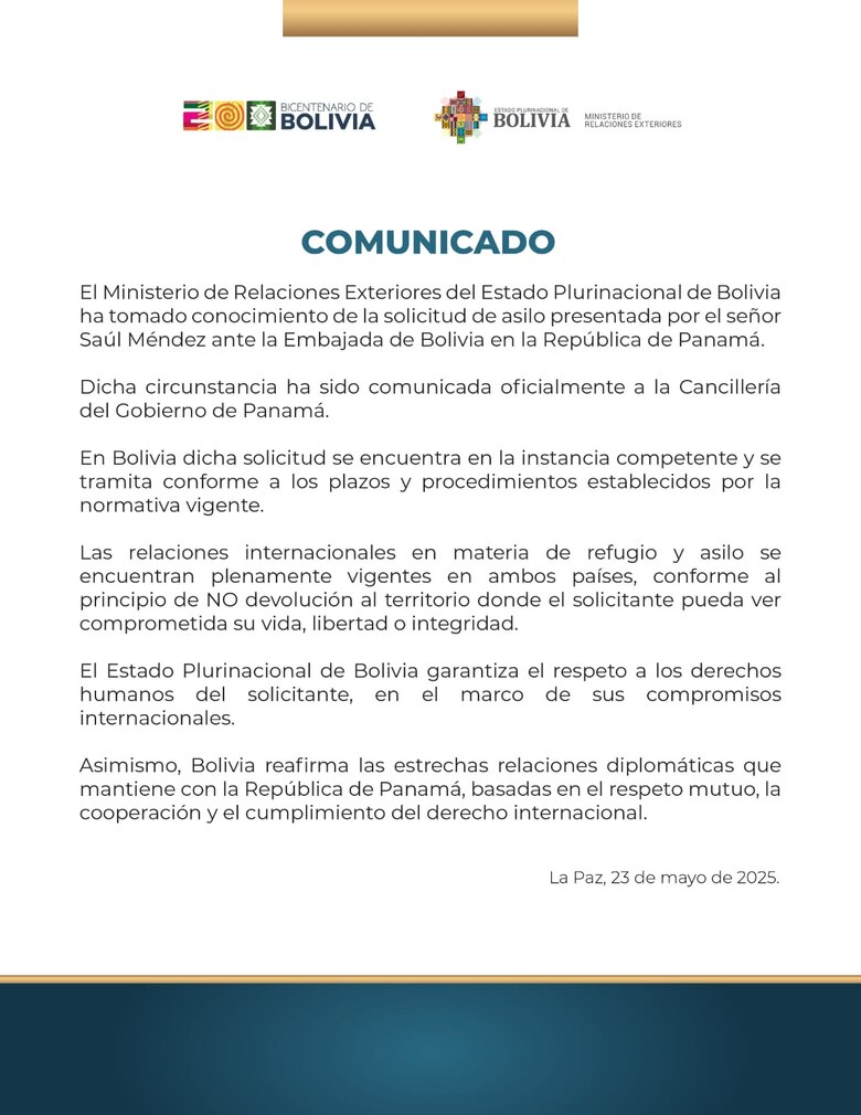 Bolivia tramita el asilo político a Saúl Méndez y garantiza que ‘no’ será devuelto si su vida está en riesgo