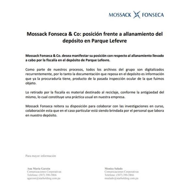 Fiscalía allanó depósito de Mossack Fonseca, para asegurar documentos