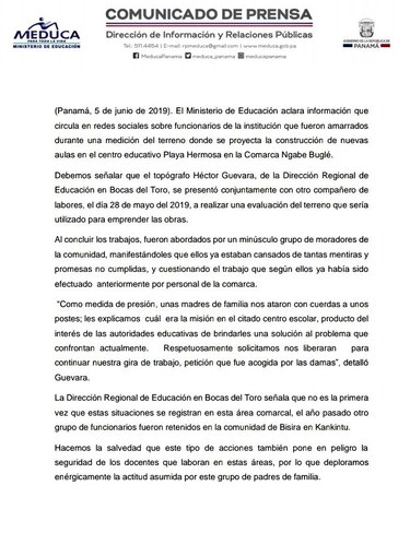 Meduca rechaza retención de funcionarios en la comarca Ngäbe Buglé