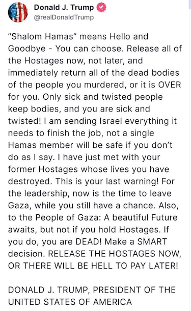 Trump amenaza a Hamás con enviar a Israel ‘todo lo que necesita’ si no libera a los rehenes ‘de inmediato’