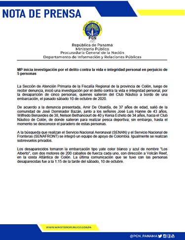 Investigan la desaparición de cinco personas que practicaban la pesca deportiva en aguas de Colón