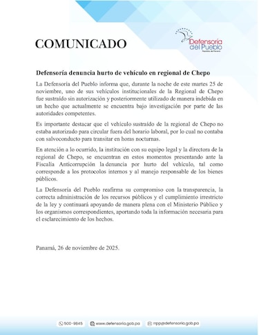 Detienen vehículo de la Defensoría del Pueblo con paquetes de droga en Chepo; la entidad informó que el auto fue hurtado