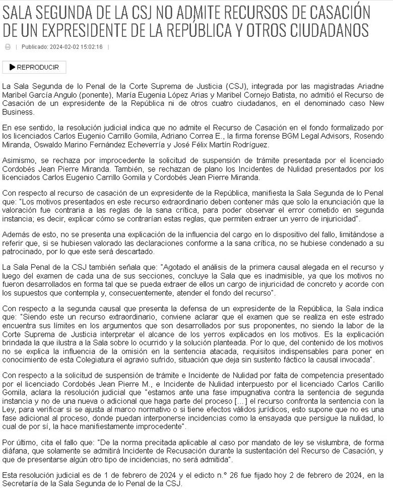 Las razones de la Sala Penal para no admitir la casación que presentó Martinelli
