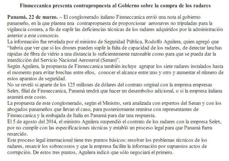 Finmeccanica propone entregar a Panamá drones para resarcir daño de radares