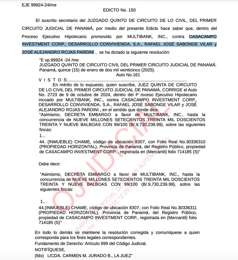 Juzgado ordena embargo sobre propiedades ligadas a los exministros Sabonge y Rojas Pardini