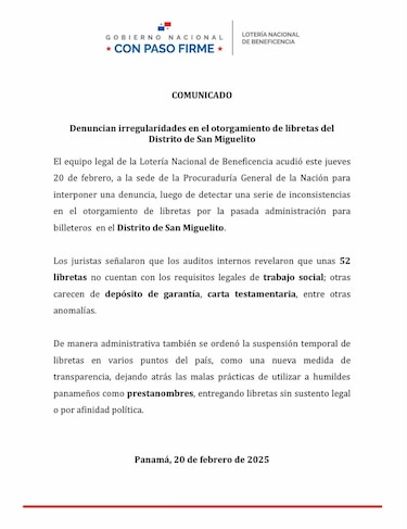 Lotería presenta denuncia por supuestas irregularidades en el otorgamiento de libretas en San Miguelito