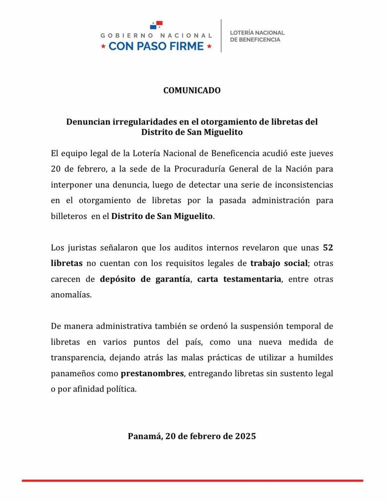 Lotería presenta denuncia por supuestas irregularidades en el otorgamiento de libretas en San Miguelito