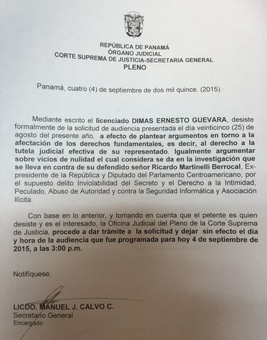 Defensa de Martinelli desiste de audiencia de control en caso de escuchas