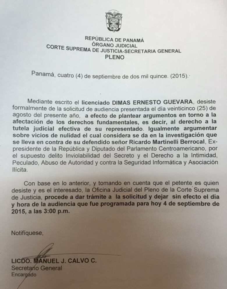 Defensa de Martinelli desiste de audiencia de control en caso de escuchas