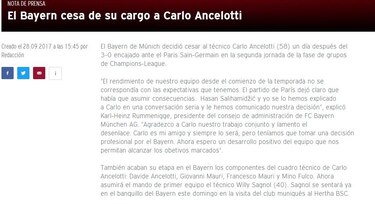 Bayern Múnich despide al técnico Carlo Ancelotti