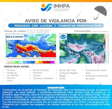 Emiten aviso de vigilancia por lluvias a nivel nacional; Panamá está en la transición de la temporada seca a la lluviosa
