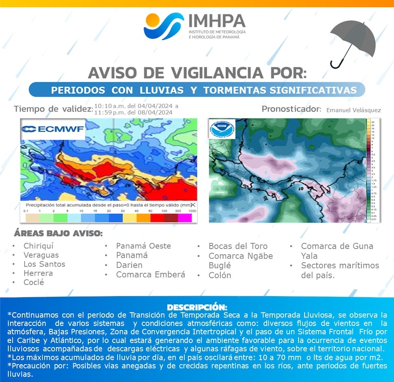 Emiten aviso de vigilancia por lluvias a nivel nacional; Panamá está en la transición de la temporada seca a la lluviosa