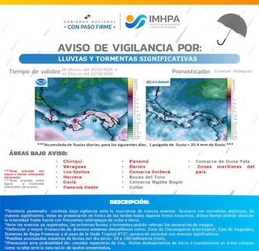 Aviso de vigilancia por fuertes lluvias y tormentas eléctricas hasta el 23 de octubre