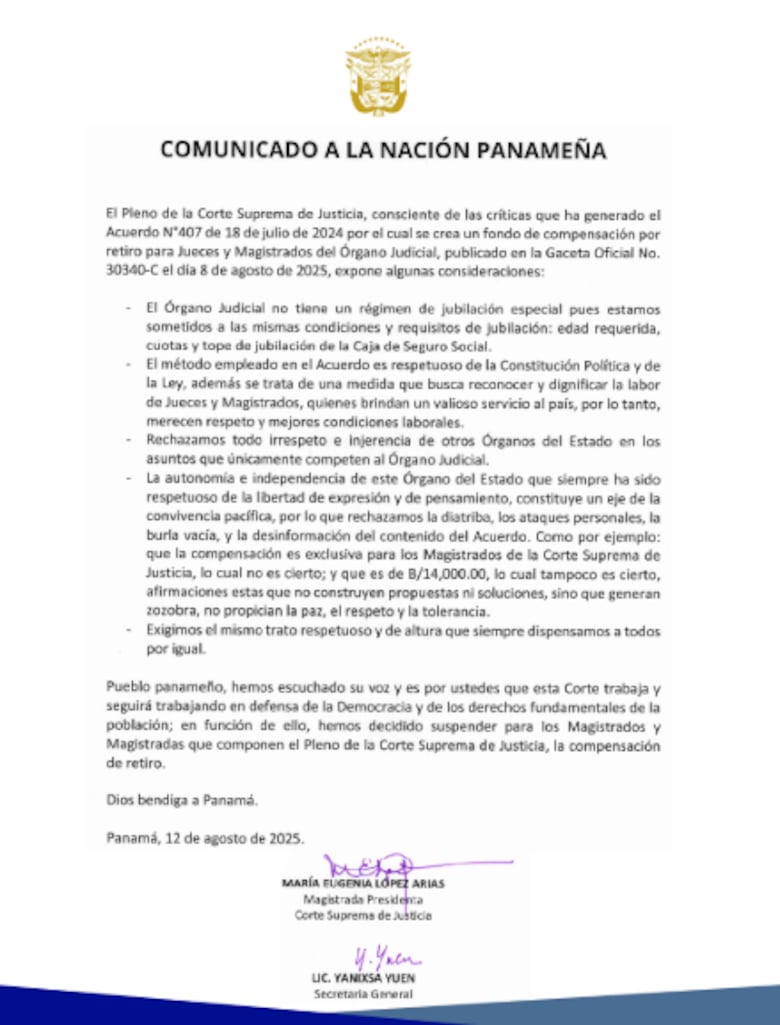 Corte Suprema suspende compensación de retiro para sus magistrados