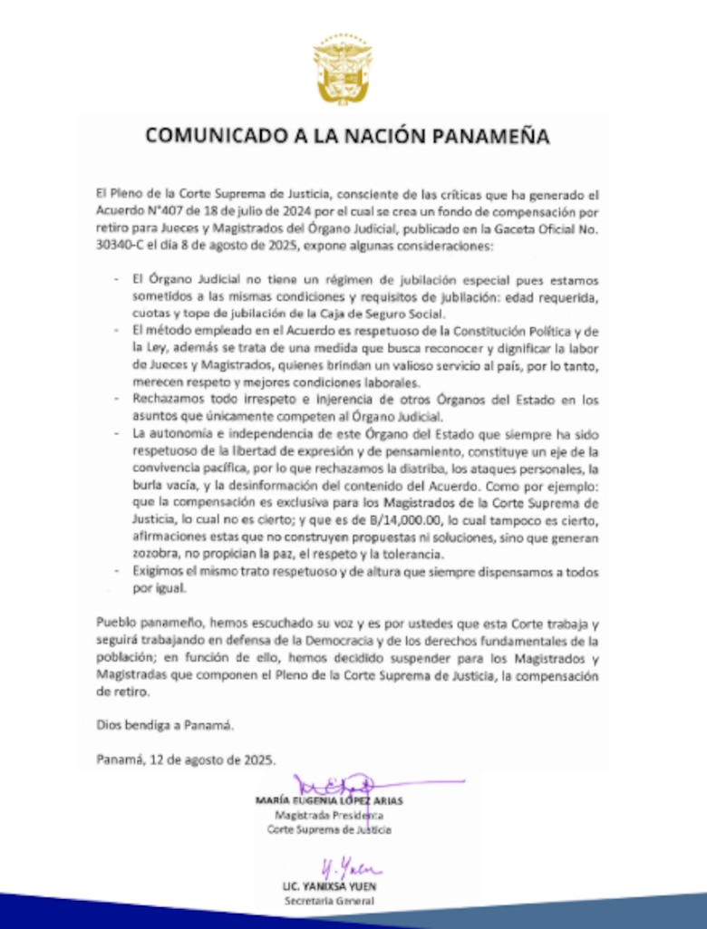 Corte Suprema suspende compensación de retiro para sus magistrados